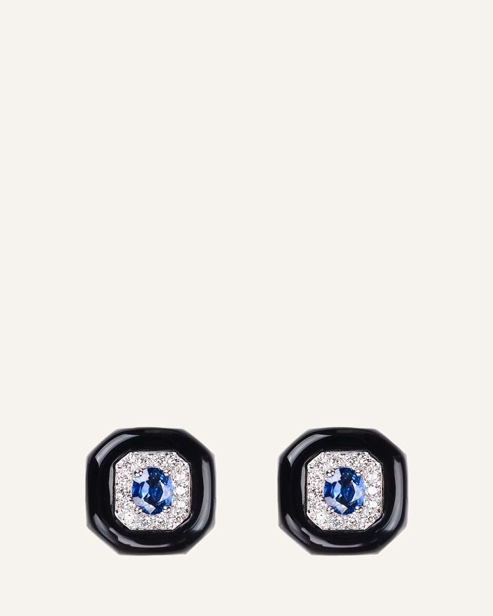 Oui 18k White Gold Black Enamel & Sapphire Button Earrings